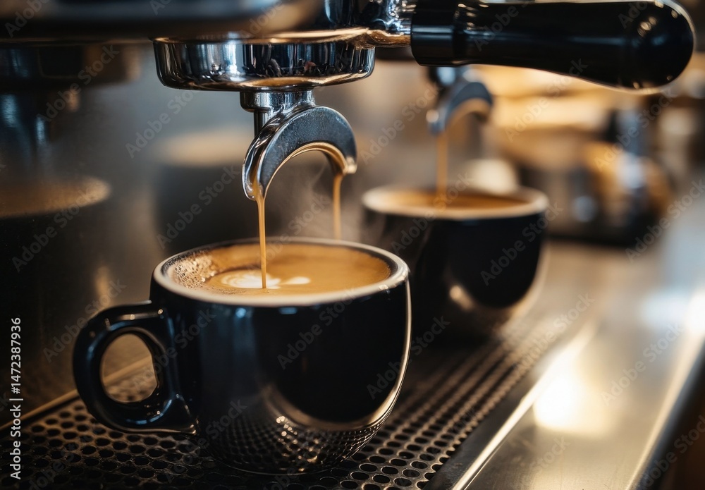 Poster espresso machine pouring rich, dark coffee into two elegant black cups, creating latte art; warm, in