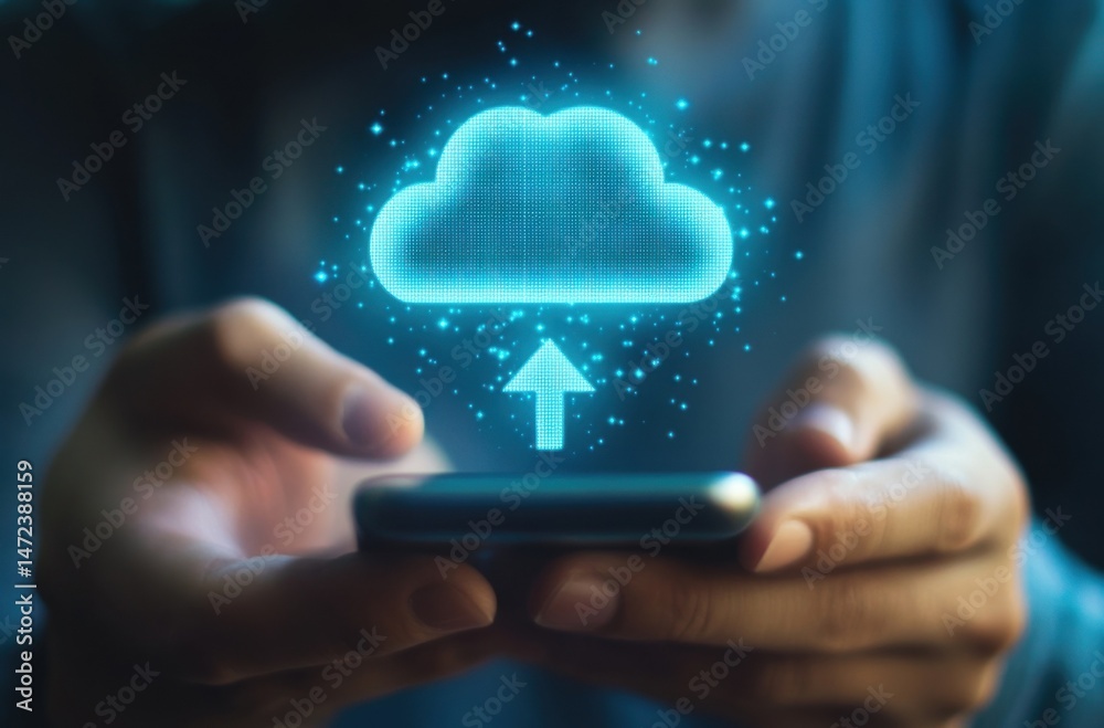 Aufkleber Person using smartphone to upload data to a glowing blue cloud icon, symbolizing cloud computing and digital storage. : Generative AI