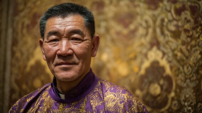 A priest stands with a gentle smile and vibrant robe, exuding warmth and spiritual leadership against an intricately patterned backdrop.