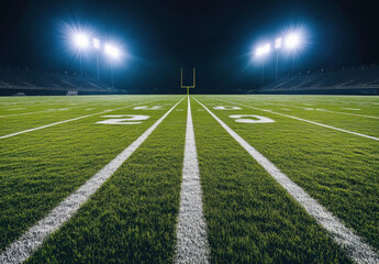 Night view of an empty American football field, illuminated by stadium lights, showcasing the yard lines and goalposts under a dark sky. : Generative AI