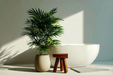 Modern minimalist bathroom interior with sunlight green plant