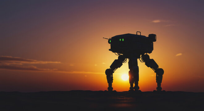 Silueta de un robot de cuatro patas sobre el fondo de una puesta de sol brillante. Una imagen al estilo de la ciencia ficci&oacute;n, que representa la tecnolog&iacute;a del futuro.