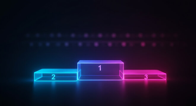 A transparent victory podium with glowing neon outlines in blue, purple, and pink stands in a dark, futuristic setting with blurred lights, representing digital triumph and ranking.