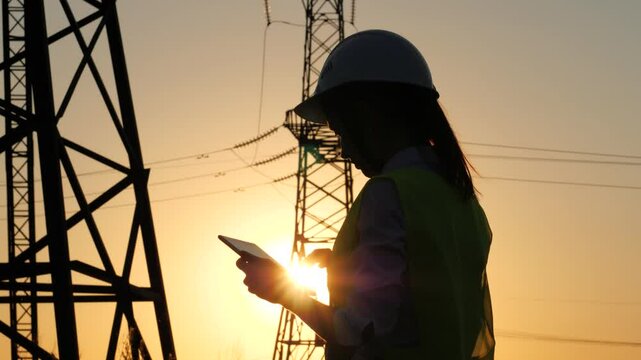 silhouette electrical engineer, work tablet sunset, electric tower, digital hand, silhouette engineer helmet, data checks, solar panels replacement, switching center, power system check, people