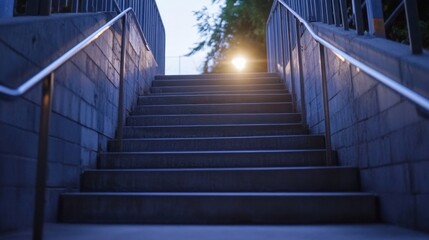 Concrete stairway ascending towards a soft, warm light at dusk, metal railings on either side, creating a pathway upward. : Generative AI