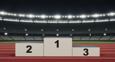 A concrete victory podium with numbers 1, 2, and 3 sits on a red running track within a stadium at night, illuminated by overhead lights.