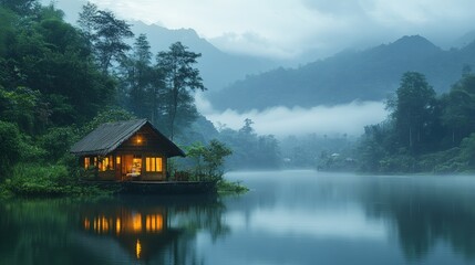 Fototapeta premium Tranquil cabin nestled on a lake, surrounded by misty mountains