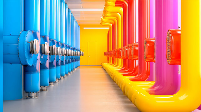 Colorful industrial pipes in a bright room
