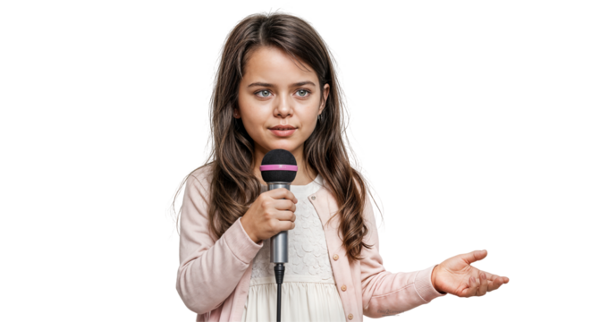 Young Girl Speaking with Microphone on Transparent Background