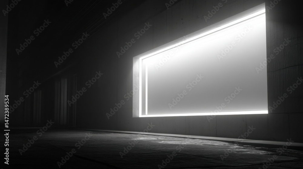 Poster a nighttime urban alleyway scene features a brightly lit rectangular sign mounted on a concrete wall
