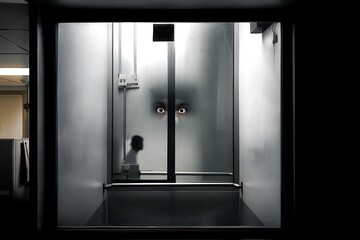 A chilling image of an elevator with eyes peering through frosted glass, creating a mysterious and suspenseful atmosphere.