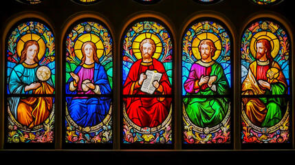 Religious Stained Glass Window with Colorful Iconography and Patterns