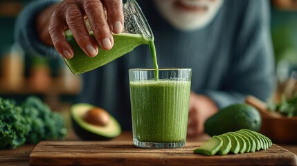 Senior man pouring a vibrant green smoothie into a glass, with fresh kale and avocado nearby, promoting healthy eating habits