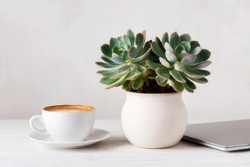 Succulent coffee cup on desk in minimalist workspace