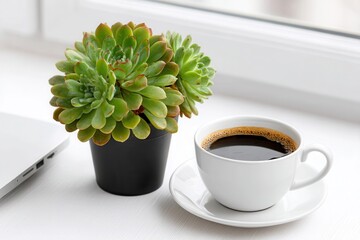 Succulent coffee cup on white desk
