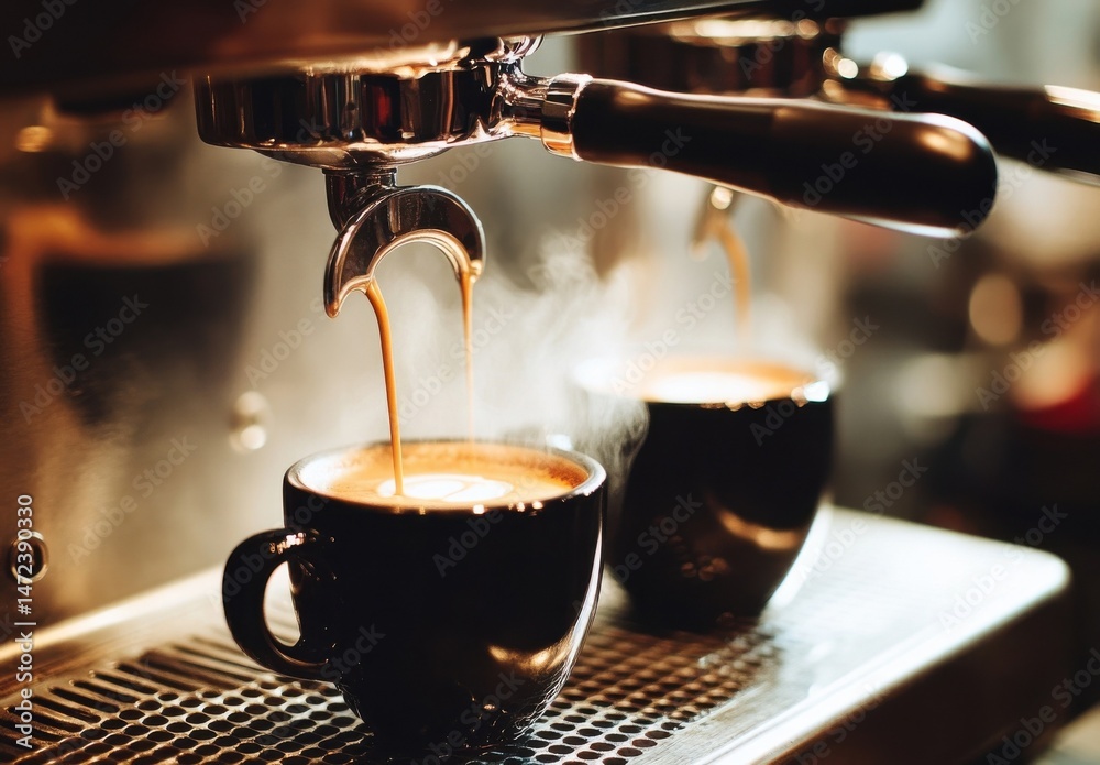 Poster espresso machine pouring rich, dark coffee into two steaming ceramic cups, creating a warm and invit