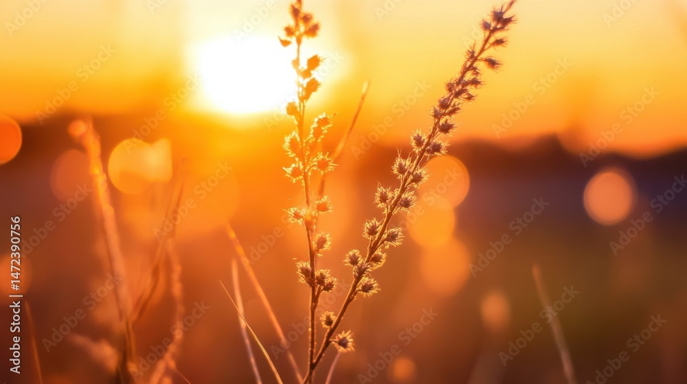 Poster silhouetted wildflowers illuminated by a vibrant sunset, showcasing delicate seed heads and warm, go
