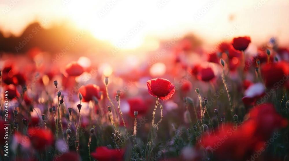 Aufkleber a single red poppy stands out in a field of poppies at sunset, bathed in warm golden light, creating