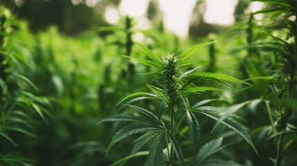 A vibrant green cannabis plant thrives amidst a lush field of its brethren, bathed in soft, natural light.  The detailed leaves and budding flowers showcase the plant's healthy growth. : Generative AI