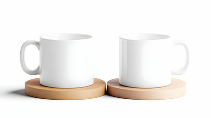 Two identical white mugs on light brown coasters
