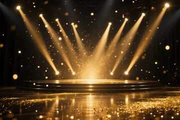 Illuminated stage with golden lights and glitter for awards ceremony or special event