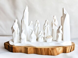 Abstract Nativity Scene: Faceted white figures on a wooden base, modern interpretation, neutral background.