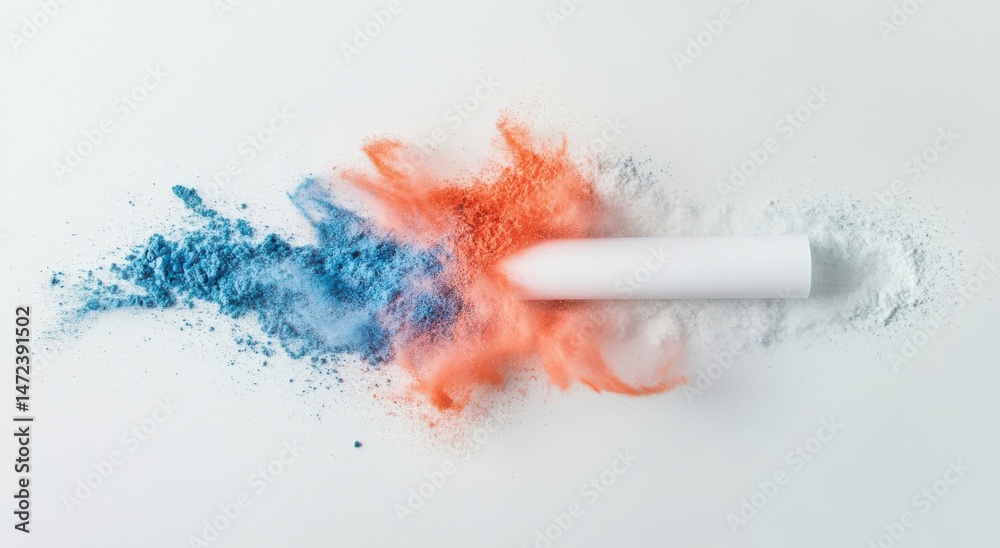 Poster abstract image of a white cylinder releasing blue, orange, and white powder, creating a vibrant colo
