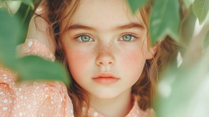 Portrait of a Freckled Girl with Green Eyes Framed by Green Leaves