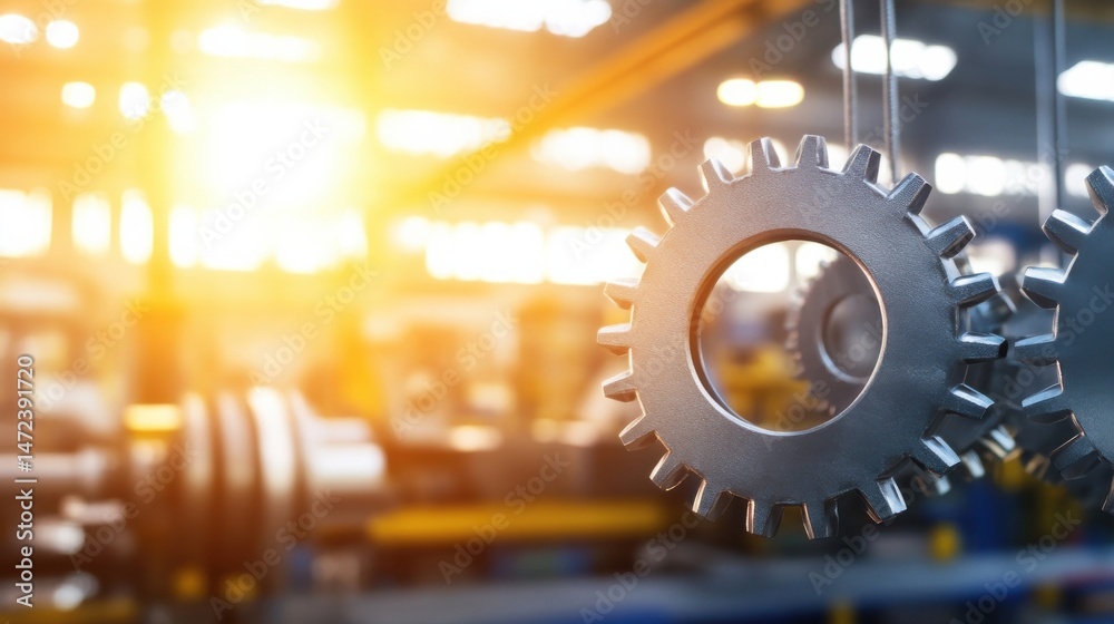Poster closeup of metallic gears hanging in a factory setting, bathed in warm sunlight, showcasing industri