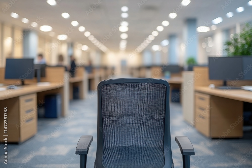 Poster empty office chair in a modern, spacious coworking space with blurred background of desks and comput