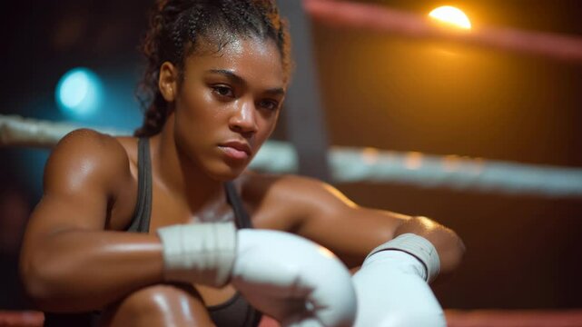 Determined Female Boxer Reflects in the Ring After Grueling Training Session