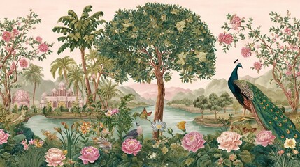 Mughal garden wallpaper with birds and peacock Watercolor background illustration for mural design with floral and tropical elements