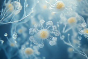 A hyper-detailed, dreamlike macro shot of real marine plankton.