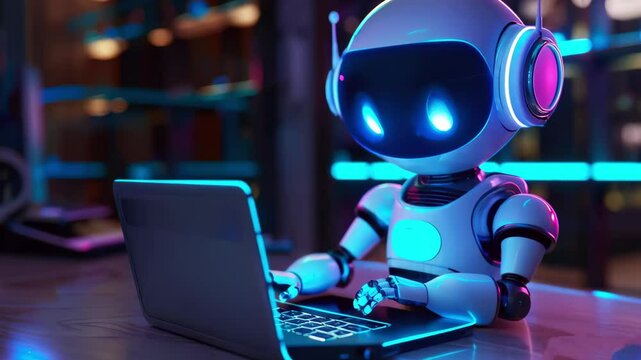 Cute friendly artificial intelligence robot is using laptop computer with blue neon glow light, chatbot and AI assistant concept, futuristic technology
