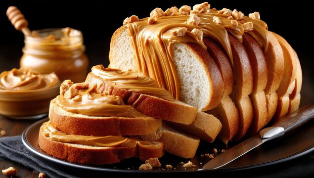 Deliciously Sliced Bread Topped with Creamy Caramel Spread and Crushed Nuts on a Black Background for Culinary Inspiration and Food Photography