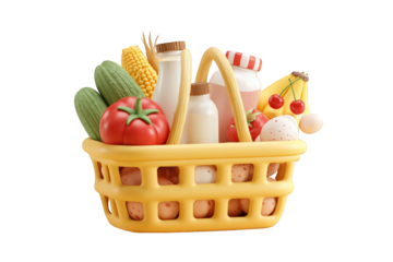 Yellow basket filled with fresh groceries milk eggs tomatoes cucumbers corn bananas cherries healthy food shopping organic on transparent background