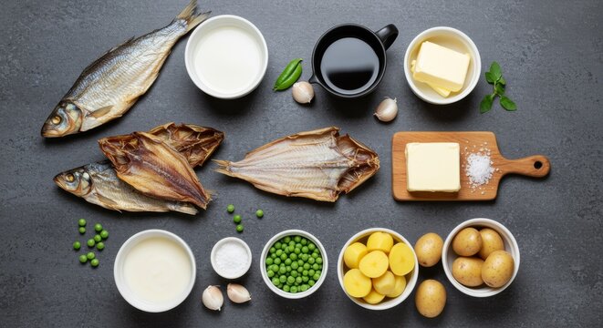 Ingredients for traditional Scandinavian lutefisk dish with dried fish, peas, butter, and potatoes