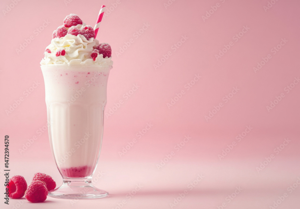 Aufkleber delicious raspberry milkshake with whipped cream and sugared raspberries, served in a tall glass on 