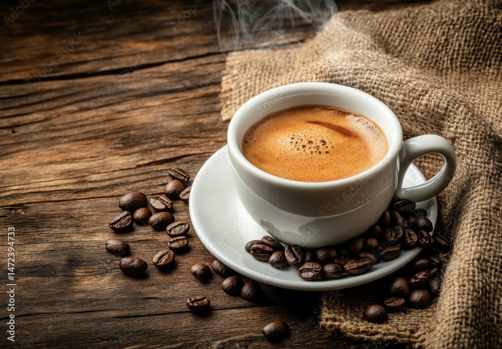 Aufkleber A steaming cup of espresso sits on a rustic wooden table, surrounded by roasted coffee beans and a burlap cloth, creating a warm and inviting atmosphere. : Generative AI