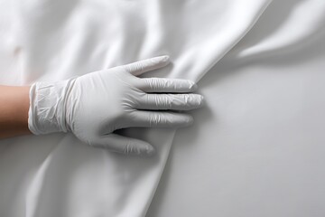 A hand wearing a white medical glove on a white background