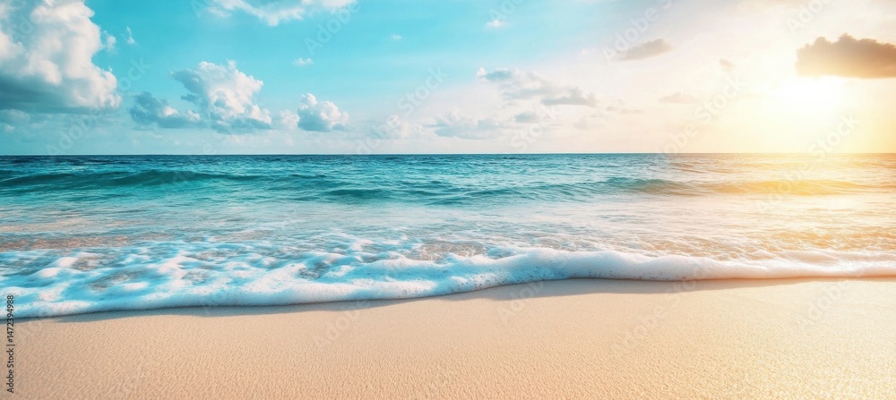 Poster serene sunset over a tropical beach with gentle waves lapping the golden sand, creating a peaceful a