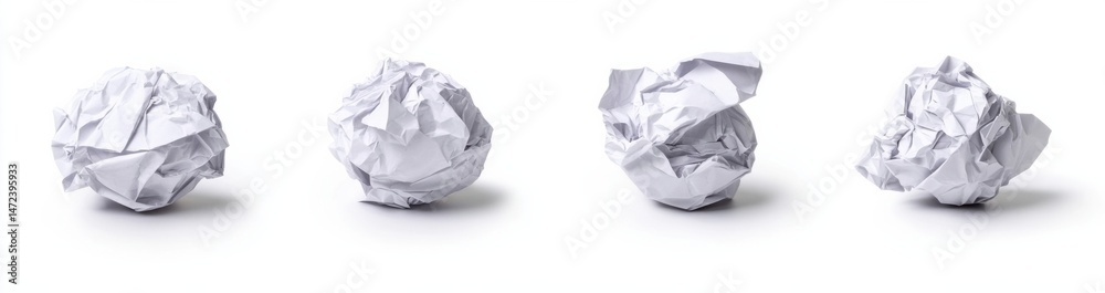 Poster Four crumpled paper balls isolated on white background, showing different angles and textures of a discarded sheet of paper. : Generative AI