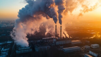 Obraz premium Aerial view of industrial plant emitting thick smoke at sunset, pollution, cityscape, environmental concerns, energy production, chimney, factory, urban landscape. : Generative AI