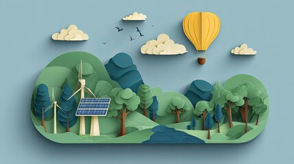 Solar Energy theme Abstract landscape background with nature elements Green paper art shows ecology sustainability and renewable resources Vector illustration