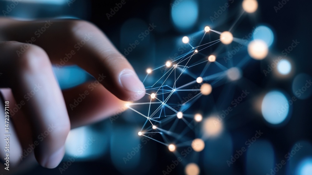 Poster A fingertip gently interacts with a glowing network of interconnected nodes, representing digital connectivity and technological advancement. : Generative AI