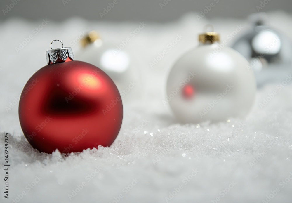 Poster a single red christmas bauble rests in artificial snow, with blurred white and silver ornaments in t