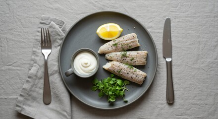 Steamed white fish fillets with lemon wedges and cream sauce on grey plate with parsley garnish