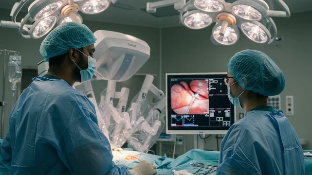 A Diverse Surgical Team in an Operating Room: Male and Female Surgeons Collaborate on Minimally Invasive Laparoscopic Surgery with Advanced Technology - Powered by Adobe