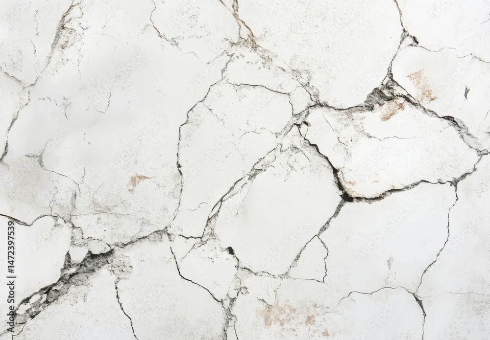 Aufkleber A high-resolution image depicting a textured white wall surface with numerous cracks and fissures, showcasing a distressed, aged aesthetic. : Generative AI