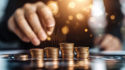 Closeup of a hand interacting with a digital graph overlaying stacks of gold coins, symbolizing financial growth and investment strategy. : Generative AI